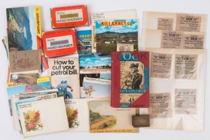 Assortment with "Cook the Explorer" by David Wood (1947); quantity of postcards & view folders with 'Greetings From' folders, Robur Tea guarantee tickets (27) & a 1934 discount voucher;  also two boxes of vintage Kiribai (Japan) fuel stick handwarmers and