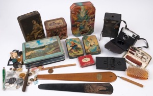 Miscellany with vintage storage tins several for MacRobertson's Confectionary, Brownie No 2 Box Camera & Kodak Instamatic 33 Camera (with case), manicure set in purse, Japanese Samurai sword letter opener, few small tools, coins & vintage buttons. (qty)