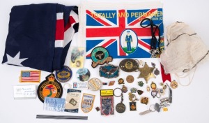 BADGES - MILITARY: with lots of enamel types for military veterans groups, RSL & ANZAC remembrance types, A.A.O.C. Civilian Employee Badge; plus veterans/patriotic belt buckles, cloth badges including for Vietnam Veteran's Association of Australia; also l