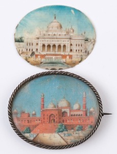 Two antique Indian oval miniatures of palaces painted on ivory, (one framed), 19th century, the larger 7 x 6cm