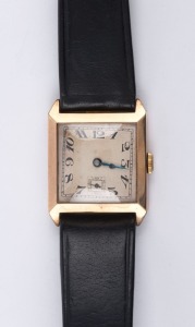 An Art Deco gent's wristwatch, 9ct rose gold case with Arabic numerals and square dial, circa 1925, ​​​​​​​2.5cm wide overall