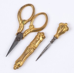 Three antique miniature etui utensils, 19th century, ​​​​​​​the largest 4cm long