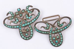 An antique silver belt buckle set with turquoise, 19th century, ​​​​​​​5cm high, 7cm wide