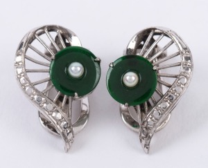 A pair of 14ct white gold clip-on earrings set with jade and pearls surrounded by white diamonds, ​​​​​​​1.7cm high