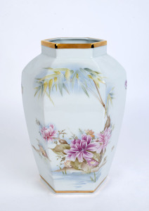 LIMOGES French porcelain hexagonal vase with floral decoration, 20th century, signed on the side "RAY, LIMOGES", with green factory mark to base, 27cm high