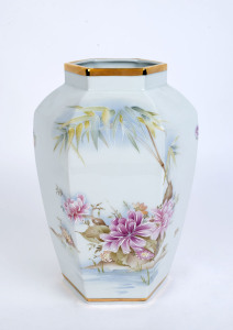 LIMOGES French porcelain hexagonal vase with floral decoration, 20th century, signed on the side "RAY, LIMOGES", with green factory mark to base, ​27cm high
