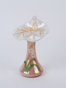 FENTON "Jack in the Pulpit" American glass vase with hand-painted floral design, original foil label, 25.5cm high