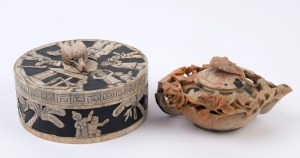 A Chinese carved soapstone teapot together with a carved stone circular box, 19th and 20th century, ​the box 17cm diameter