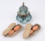 A pair of Chinese ceramic peanut ornaments together with a Persian style censer, 20th century, (3 items), the censer 18cm high
