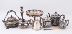 Silver plated tea service, candlestick, compote, butter dish, sugar bowl and bachelor's teapot, 19th and 20th century, (8 items), the candlestick 23cm high