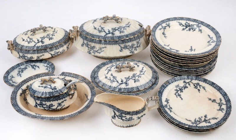 Antique English Aesthetic Movement blue and white porcelain dinner ware, (A/F), 19th century, (29 items), the largest tureen 34cm across the handles  