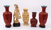 A Chinese cinnabar lacquered vase, pair of vases on stands, together with a cast resin statue and vase, 20th century, (5 items), the statue 31cm high