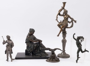 Five assorted antique cast metal figural items including Mercury and a spread eagle, 19th century, the largest 41cm high