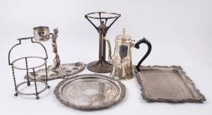 W.M.F. German silver plated figural Art Nouveau decanter and glass stand, together with two silver plated trays, coffee pot, cradle and stand, early to mid 20th century, (6 items), the decanter stand 23cm high