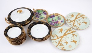 Japanese black and gilt porcelain tureen and assorted bowls, together with a pair of antique green and gilt cabinet plates and a pair of floral plates, 19th and 20th century, (22 items), the tureen 29cm across the handles