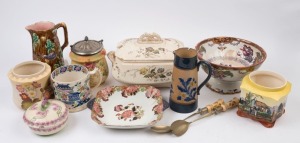 Antique English porcelain tureen, compote, biscuit barrels, jug, oversized mug, dish and servers (12 items), 19th and 20th century, the tureen 33cm wide