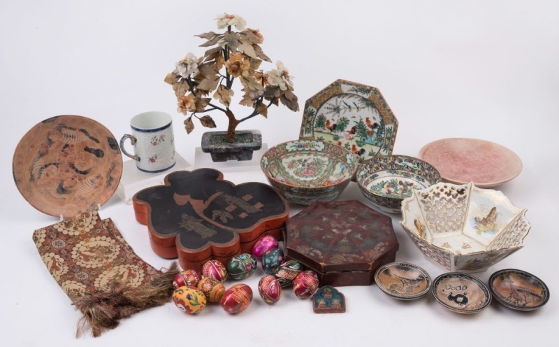 Chinese and Indian jewel boxes, painted egg ornaments, porcelain and stoneware dishes, textiles, hardstone floral ornament and an 18th century porcelain mug, A/F (26 items), 19th and 20th century, floral ornament 33cm high