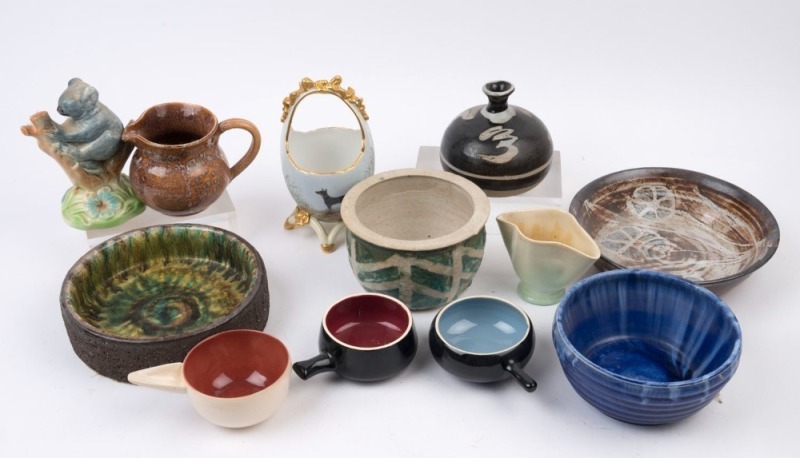 MARTIN BOYD ramekins, REMUED pottery jug, JACKMAN pottery vase, NEWTONE blue bowl together with pottery bowls, a hand-painted vase by F. A. Mason and a ceramic koala ornament (12 items), 20th century, the largest 18cm high