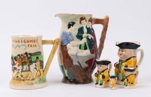 CROWN DEVON "Widdicombe Fair" musical porcelain tankard together with a "Runaway Marriage" porcelain jug and set of four DEVONMOOR graduated toby jugs, 20th century, (6 items), the largest 22cm high