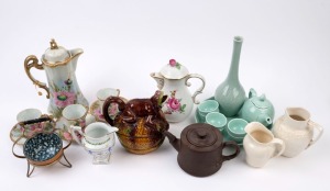 Celadon porcelain tea set, vase, Japanese tea ware, German porcelain coffee pot, frog jug, bon bon dish, tea pot and assorted jugs, 19th and 20th century, A/F (23 items), the largest 25cm high
