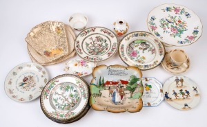 Crown Derby dish, Aynsley floral bowl and tazza, Spode floral vase, Bunnykins cup and saucer, nursery porcelain plates, Crinoline Lady serving plates, "Indian Tree" dinner ware, "Sally in our Alley" serving bowl, 19th and 20th century, A/F (22 items)