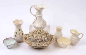 Assorted Belleek and Irish porcelain jugs, vases, bowl and basket together with an antique Newhall porcelain bowl, 19th and 20th century, A/F (7 items), the largest 19cm high