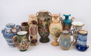 Assorted antique and vintage porcelain and glass vases and jugs including ROYAL DOULTON "Blue Children", CAPODIMONTE, Japanese, Italian and others, 19th and 20th century, A/F (10 items), the largest 41cm high