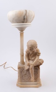 An Italian carved alabaster figural lamp and shade, circa 1900, shade damaged, column loose, 62cm high