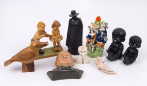 Assorted ceramic figures, Winston Churchill plaque, carved wooden kookaburra, figural decanter etc., 19th and 20th century, A/F (10 items), Churchill plaque 18cm high