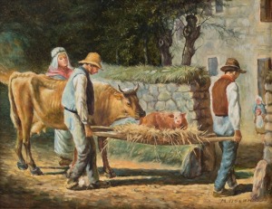 B. VISSER, the new born calf, oil on board, signed lower right, 20.5 x 25cm.