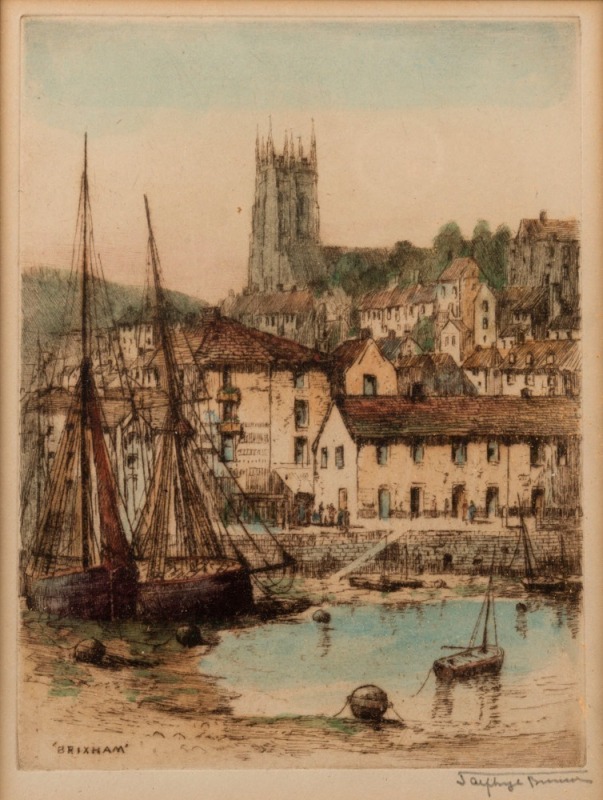 JAMES ALPHEGE BREWER (1881 - 1946), Brixham, coloured etching, titled in the plate, signed below in pencil, 20 x 15cm.