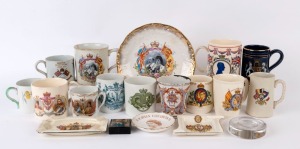 Assorted Royalty ware including porcelain mugs, plates, dishes etc., 19th and 20th century, A/F (18 items), the plate 23cm diameter