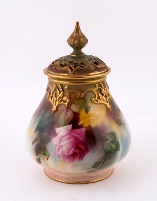 ROYAL WORCESTER potpourri porcelain vase with painted rose decoration, signed M. LANDER, green factory mark to base, ​16cm high