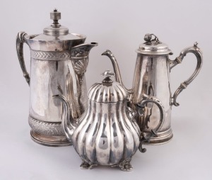 An antique silver plated teapot coffee pot and insulated water pot, 19th century, the largest 31cm high
