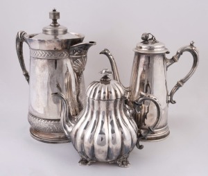 An antique silver plated teapot coffee pot and insulated water pot, 19th century, ​​​​​​​the largest 31cm high