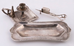 A silver plated candle snuff and tray, together with a chamber stick and snuff, 19th and early 20th century, the tray 26cm wide