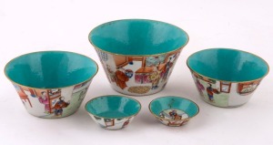 Set of five graduated Chinese porcelain bowls, Qing Dynasty, 19th century, ​​​​​​​iron red seal mark to bases, the largest 6cm high, 11cm diameter
