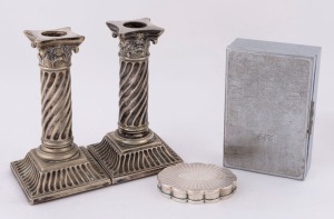 A pair of silver Corinthian column candlesticks, a silver plated cigarette box and a silver finished snuff box, 19th and 20th century, (4 items), the candlesticks 15cm high