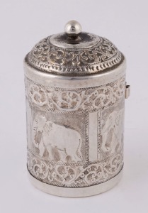 An antique Indian silver tea caddy with elephant decoration, 19th century, 12cm high, 104 grams