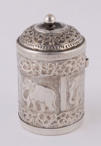 An antique Indian silver tea caddy with elephant decoration, 19th century, ​​​​​​​12cm high, 104 grams