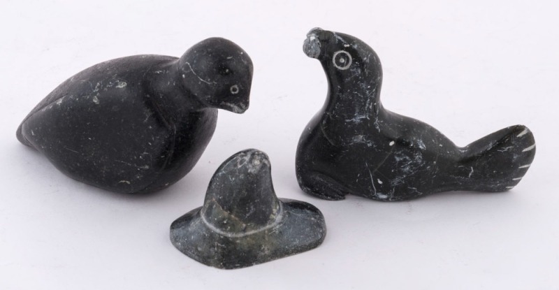 Three Inuit carved greenstone animal ornaments, 20th century, ​​​​​​​the largest 13cm long