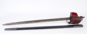 An antique Scottish basket hilt sword in scabbard, early 20th century, stamped "Cold Steel, 9/20/03", ​​​​​​​98cm long
