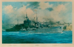 (Lord Louis) Mountbatten of Burma, A.F. original signature at the base of Peter Taylor's dramatic painting of The Royal Navy destroyer H.M.S. Kelly, commanded by Lord Louis Mountbatten, in Valletta's Grand Harbour in Malta, alongside a larger warship. Bla