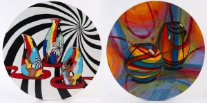 LYNETTE KRING (1964 - ), I.) Oriente Insprired 1, II.) Murano Inspired 2, oil on circular canvases, signed and titled verso, 50cm diameter each