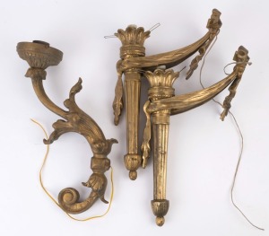 Three assorted vintage and antique wall sconces, gilt cast metal, 19th and 20th century, the largest 45cm high