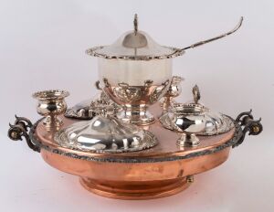 Lazy Susan banquet set, copper and silver plate, 20th century, 47cm high, 70cm wide