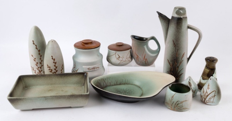 ELLIS pottery condiments, teapot, jars and serving dishes (12 items), incised "Ellis", ​​​​​​​the teapot 26cm high