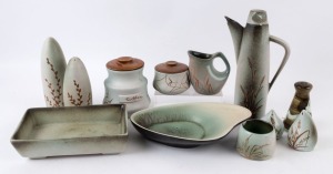 ELLIS pottery condiments, teapot, jars and serving dishes (12 items), incised "Ellis", the teapot 26cm high