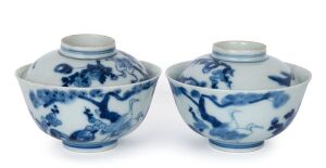 A pair of antique Chinese blue and white porcelain lidded soup bowls, Qing Dynasty, 19th century, two character blue underglaze mark, ​8cm high, 11.5cm diameter