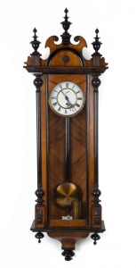 Vienna regulator wall clock, single weight with Roman numeral enamel dial in walnut case, 19th century, ​​​​​​​135cm high